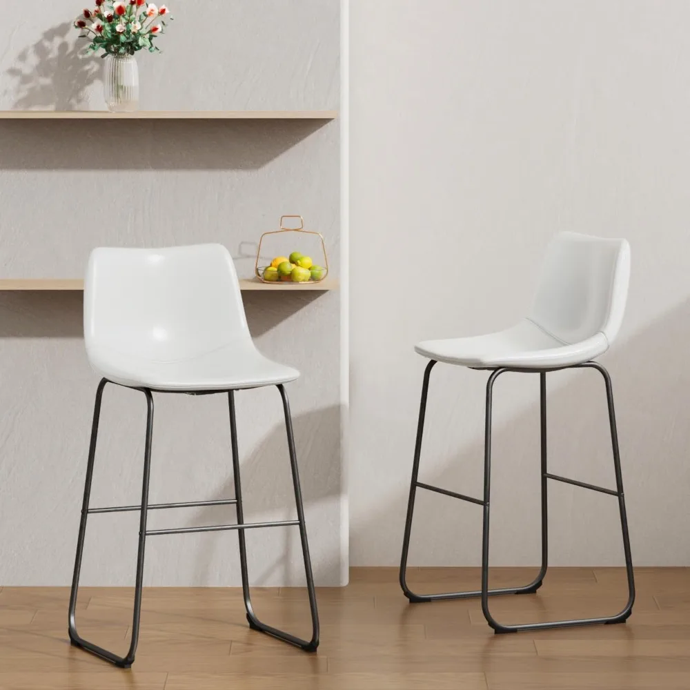 

26 Inch Counter Height Bar Stools Set of 2, Leather White Counter Stools - Back Support Barstools w/Metal Legs & Footrest for Ki