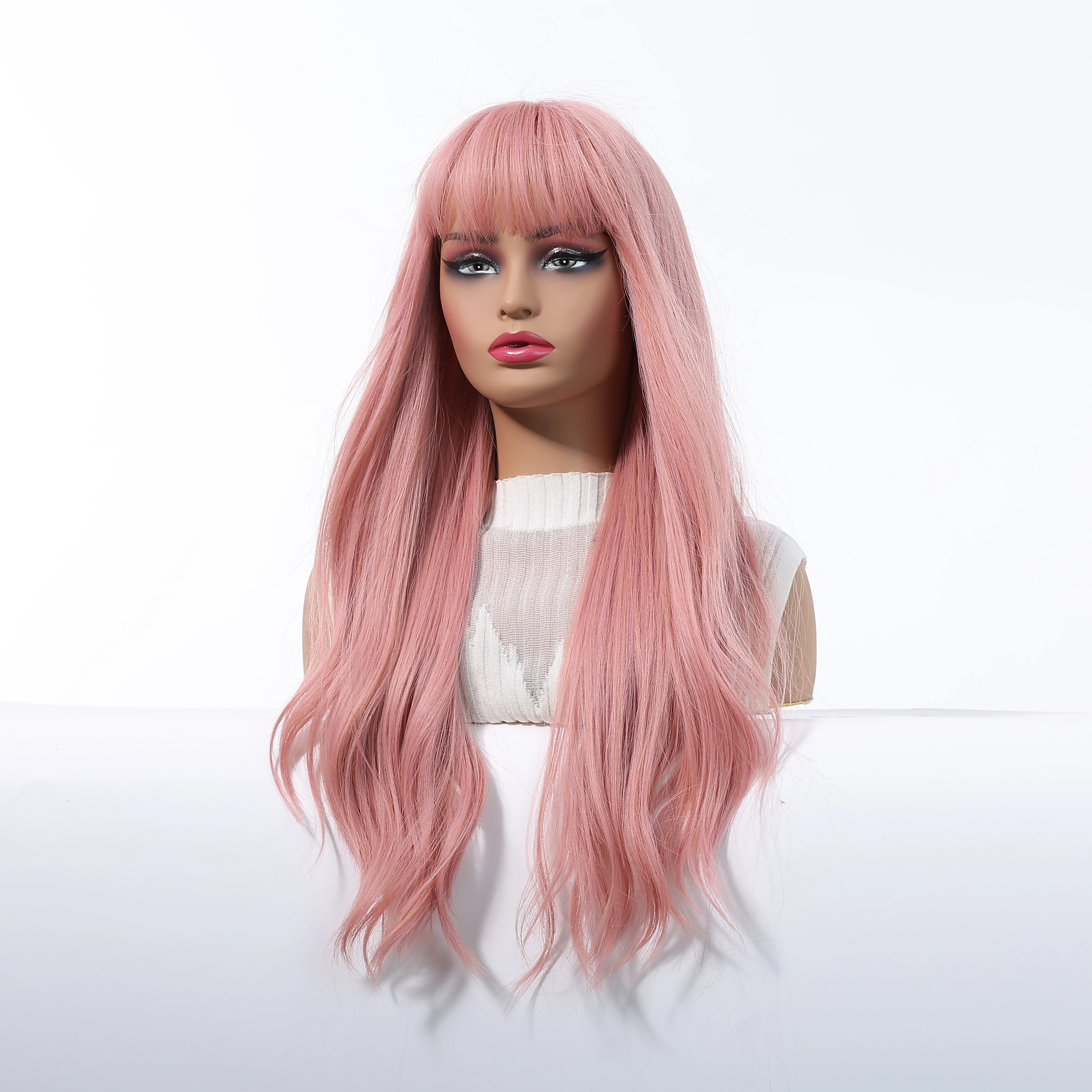 شعر مستعار طويل مموج مائي مع غرة وردي ملون، شعر مستعار حريري للنساء للحفلات اليومية، شعر صناعي ناعم طبيعي مقاوم للحرارة #3