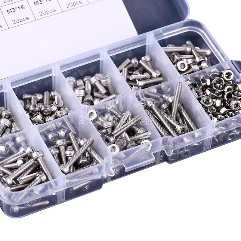 340pcs/Set M3 SS304 Stainless Steel A2-70 DIN7991 Countersunk Hex Socket Cap Head Screws Nuts Bolt Assortment Kit