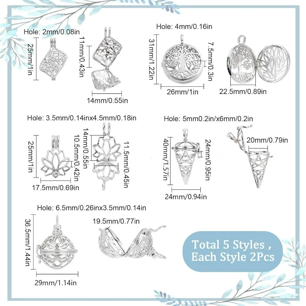 10Pcs 5 Styles Cage Charms Brass Locket Charms Stone Holder Necklace Silver Hollow Spiral Bead Cages Lotus Tree of Life