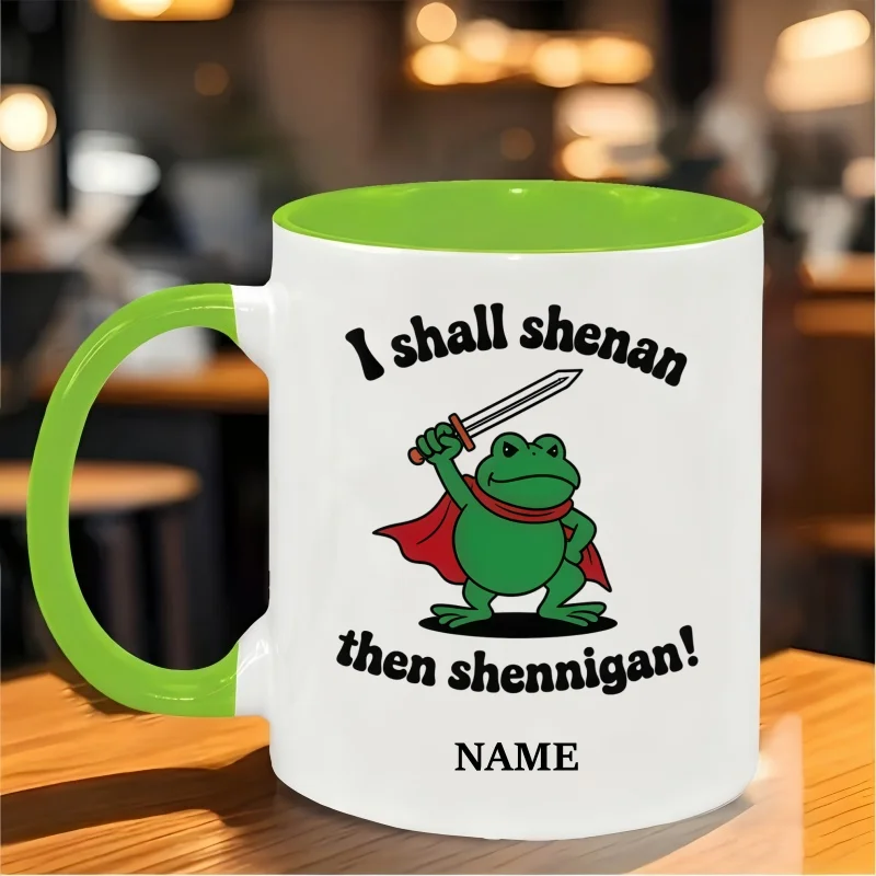 Customizable Name Mug - Cartoon Green Frog in Red Cape Design, Proud Pose with Sword