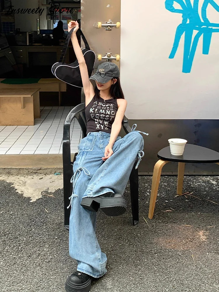 

Джинсы на шнуровке с бантом в стиле ретро, женские прямые широкие брюки с высокой талией, весна-лето 2021, новая женская модная уличная одежда