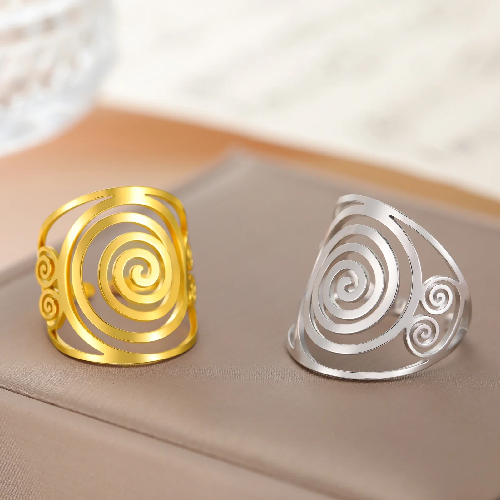 Skyrim Swirl Spiral Geometric Open Ring Women's Adjustable Stainless Steel Wide Rings Fashion Jewelry Valentine Gifts Wholesale