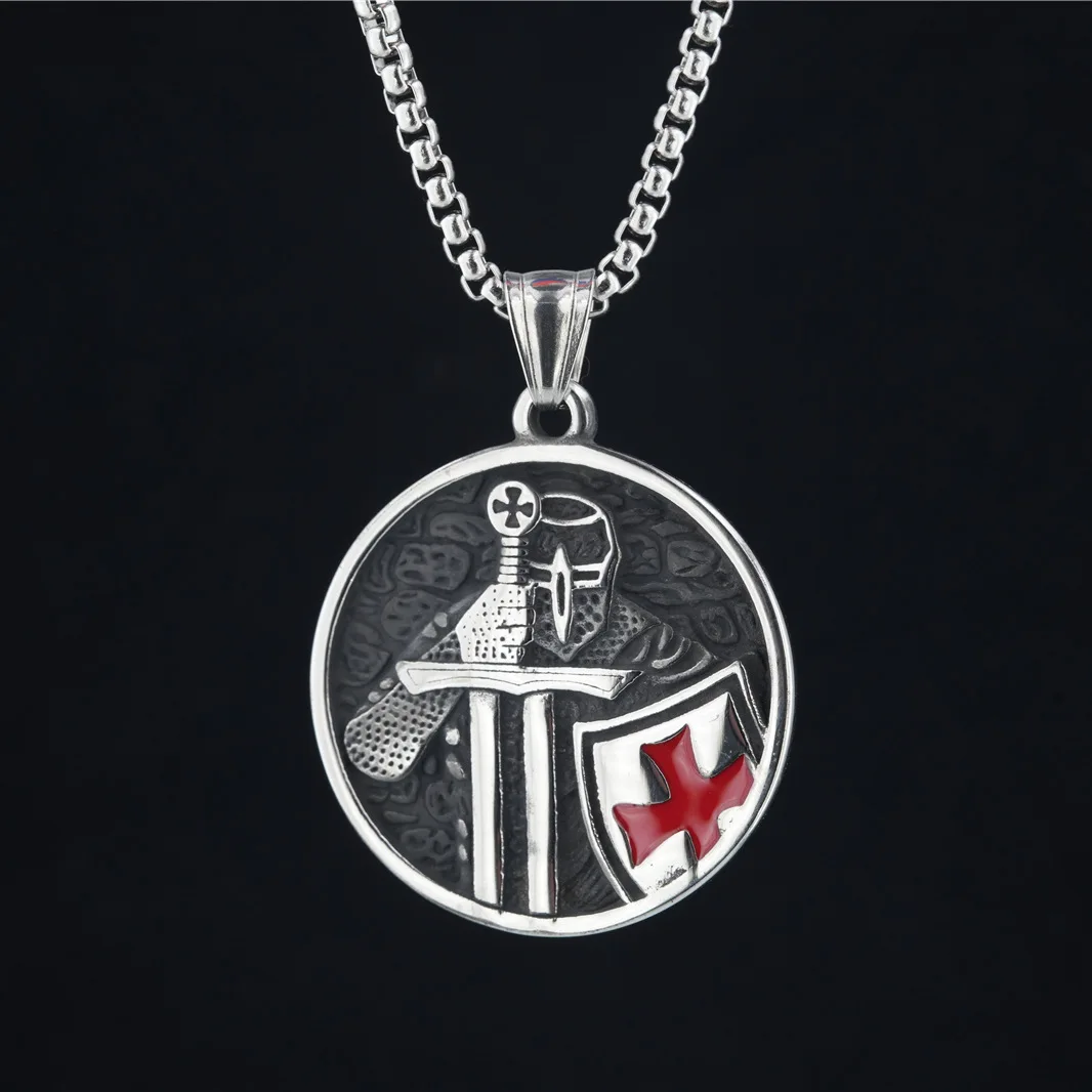 templar cross necklace  Men's Pendant Stainless Steel Red Armor Shield Knight Templar Crusader Cross Necklace Punk Jewelry Drop