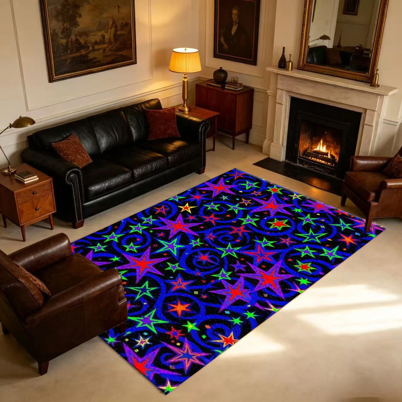Colorful Neon Star Swirl Psychedelic Pattern Carpet Non-Slip Cool Feeling Rug for Teenager Bedroom Game Room Home Decoration
