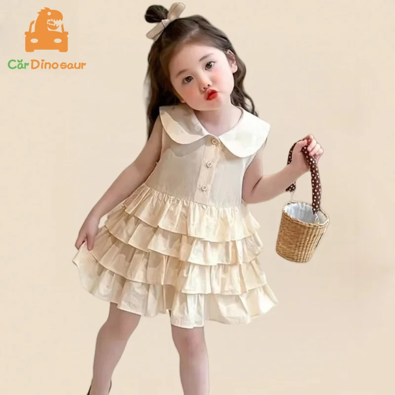 

2025 Лето 2, 3, 4, 5, 6, 8, 10 лет, детское платье с воротником Питерана для девочек, многослойное платье-жилет принцессы, платье-пачка, сарафан