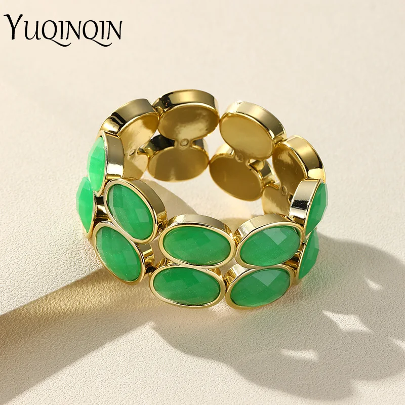 Vintage Gold Color Resin Double-Chain Bracelets For Women Elastic Colorful Charm Wide Bangle Bracelet Stretch Trendy Jewelry New