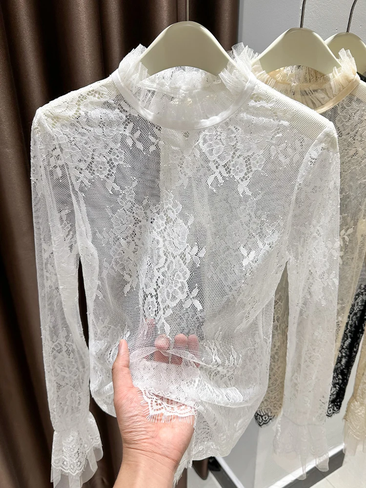 

Lace Base irt Women's Spring Autumn Winter Thin Hollow out Me Top f High Collar Floral Korean Sle Slim Fit Long...