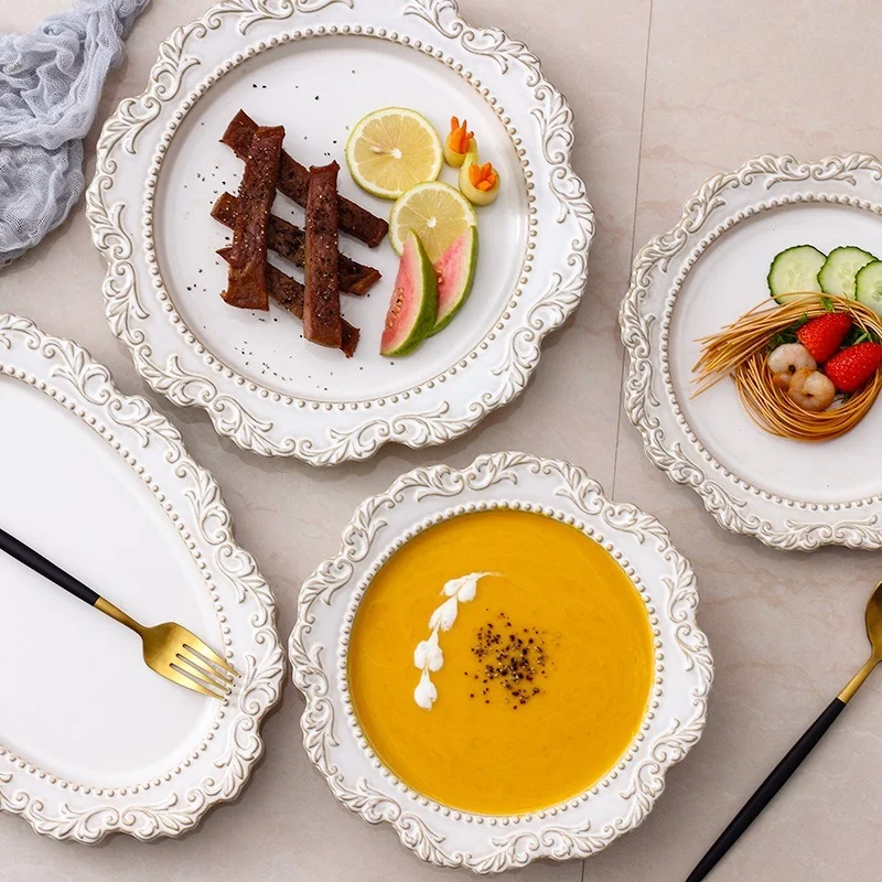 

French Retro Embossed Palace Style Ceramic Tableware Western Food Plate Soup Plate Fruit Salad Bowl White Europe Dinnerware Tool