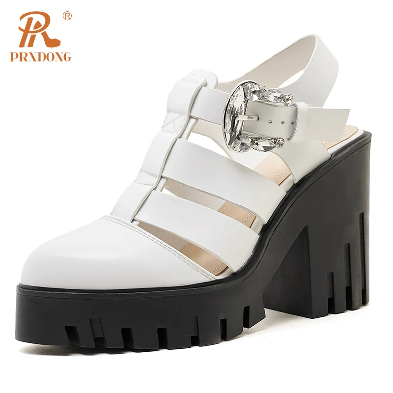 PRXDONG Women's Shoes New Brand Genuine Leather Chunky High Heels Platform Rome T-strap Black White Dress Party Casual Pumps 39