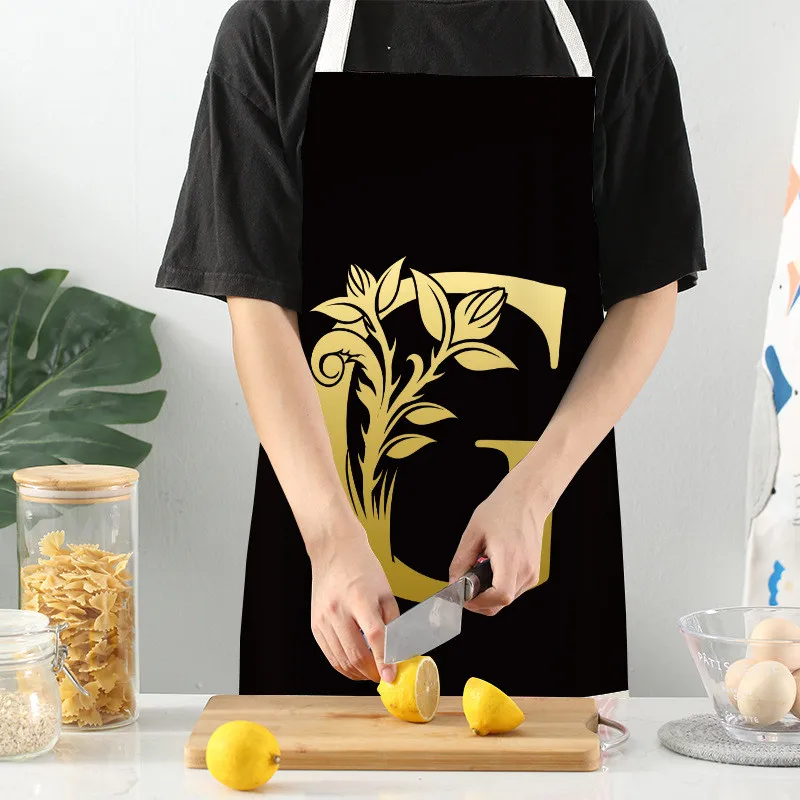 Letter Apron Black Golden Flower Kitchen Aprons for Women Cotton Linen Bibs Household Cleaning Pinafore Home Cooking