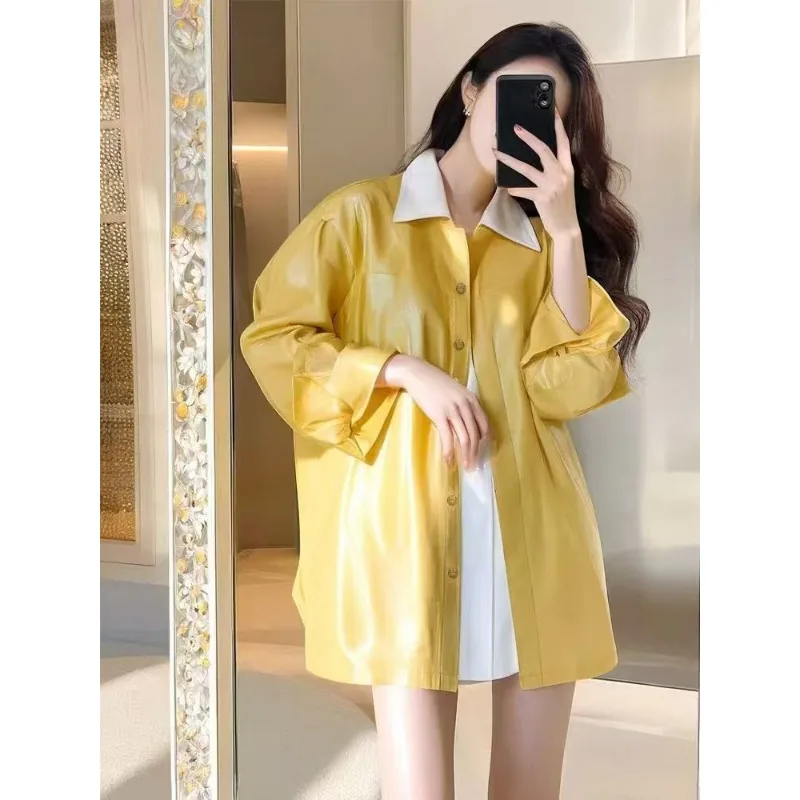 This Year's Popular Explosion of Small Korean Version Unique Super Beautiful Small Fragrance Black Yellow Leather Shirt Coat