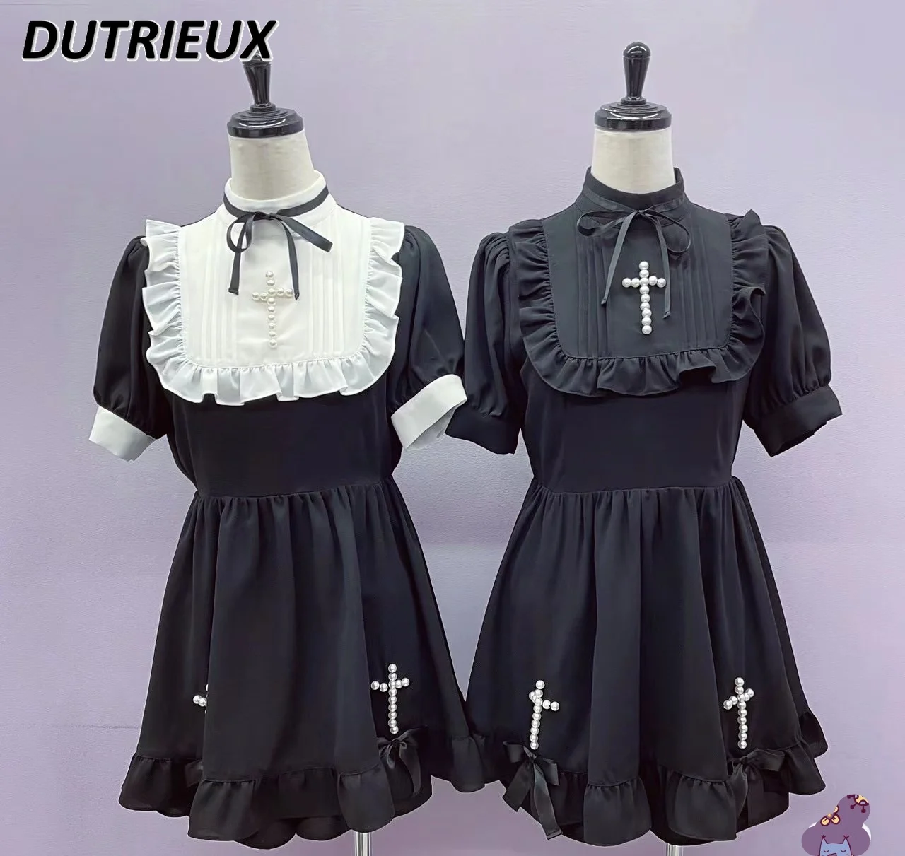 Japanese Summer New Mass-Produced Hand-Stitched Pearl Dress Stand Collar Short Sleeve Waist-Controlled Color-Matching Dresses