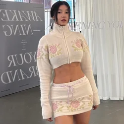 Korean Style Cute Women Pink Knitted Cardigans Floral Crochet Slim Cropped Sweaters Stand Collar Zipper Knit Jumper Knitwear New