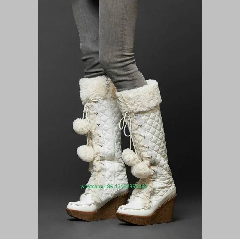 

Lady white color fur faux wedges heel knee boots vintage style feather daily causal dress boots platform size 35-46 footwear