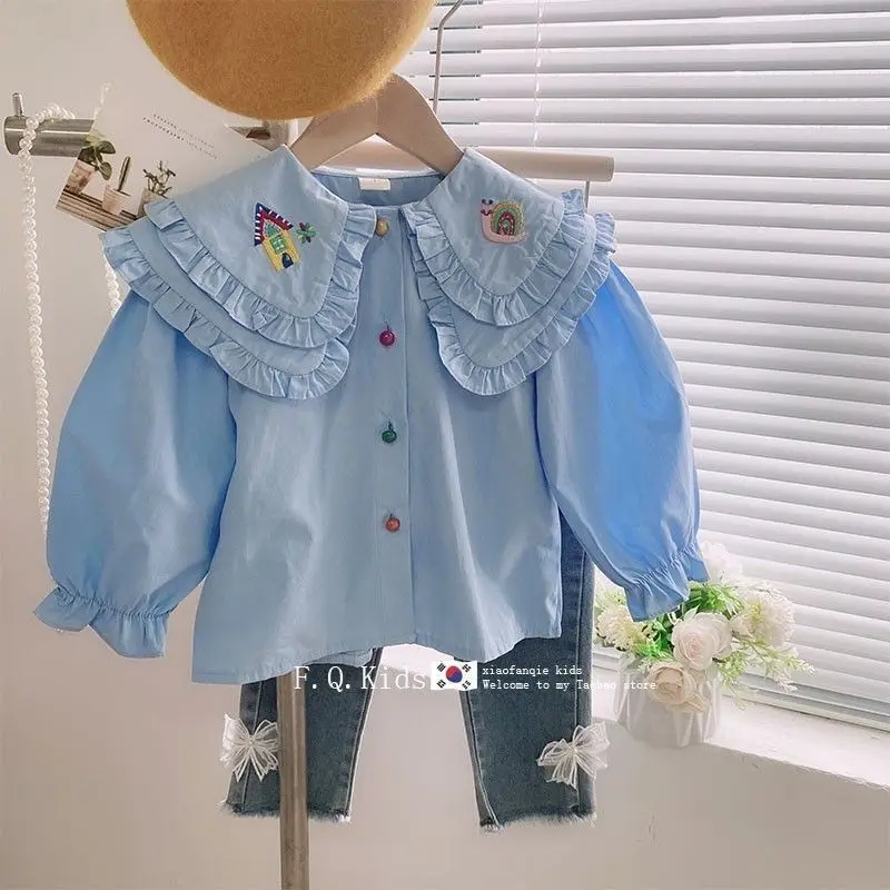 Girls Shirt 2025 Spring Autumn New Double Layered Collar Embroidered Ruffles Edge Cotton Shirt Children Baby Girl Top