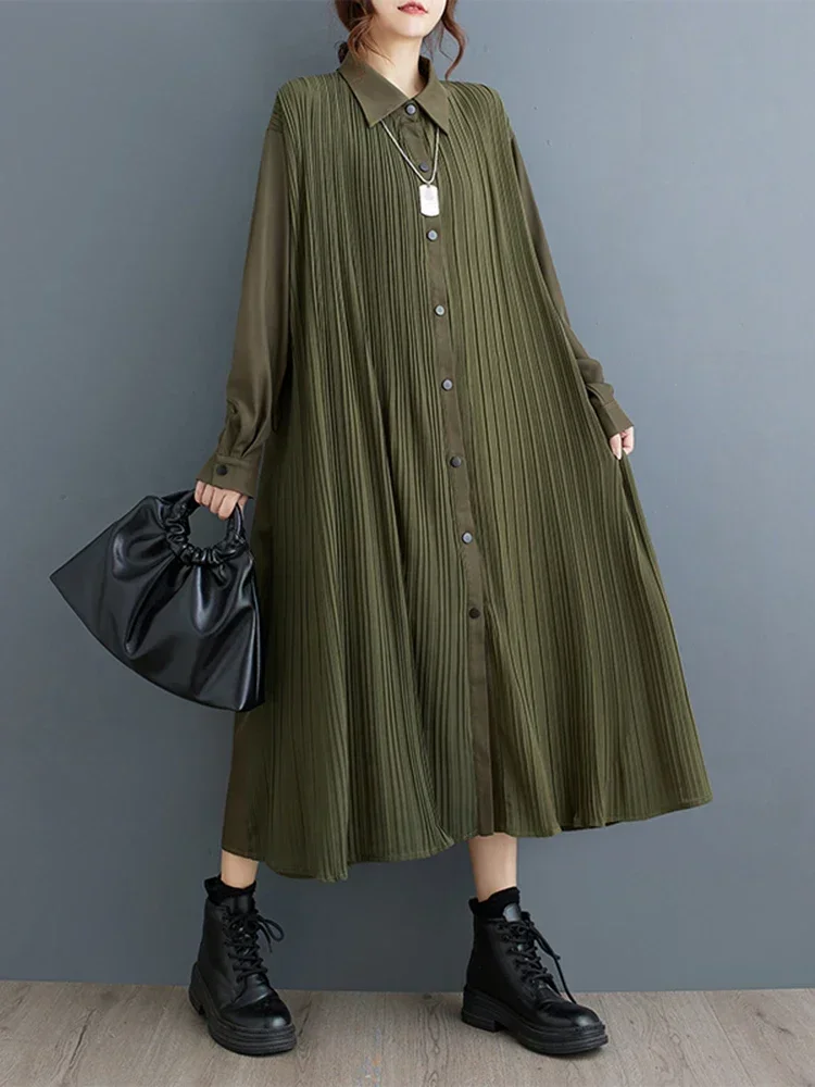 

XITAO Full Sleeve Solid Color Patchwork Pleated A-line Dress Loose Fashion Slimming Casual Women Autumn Women Dress ZY8905