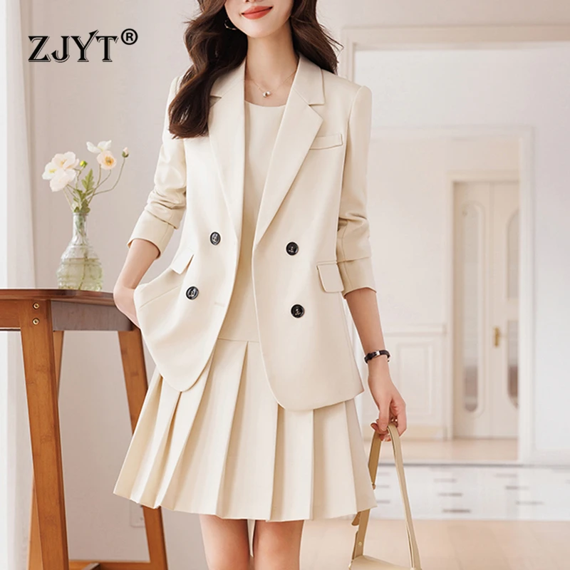 ZJYT Autumn Elegant Office Lady Double Breasted Blazer+Tank Dress Two Pieces Suits Outfit Women Plus Size Clothing Vestidos New