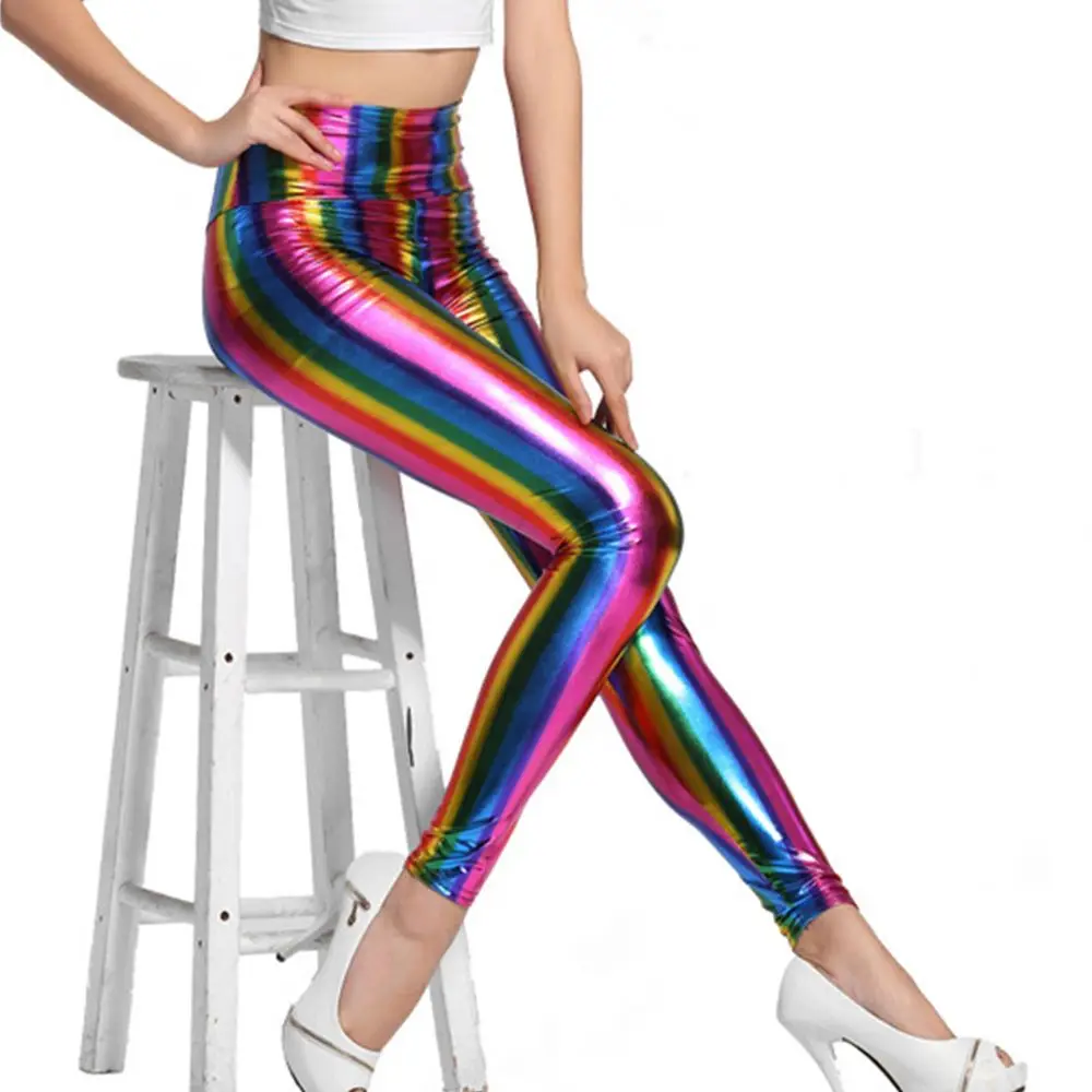 

Pants Women Stripe Adult Disco Fancy Leather Pants Leggings Rainbow Pants Retro