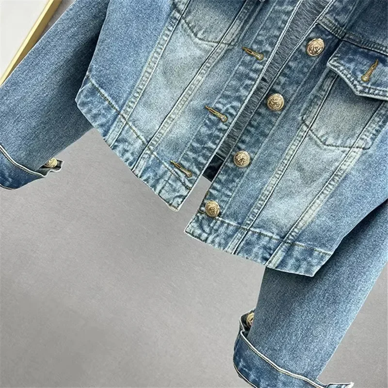 

Vintage Blue Pocket Long Sleeve Denim Jacket Coat Women Student Cowboy Outerwear Autumn Korean Slim Short Jeans Jacket Female