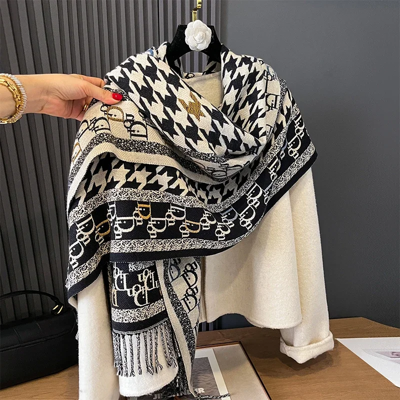 High Quality Women New Houndstooth Design Winter Warm Cashmere Jacquard Scarves Thicken Wrap Shawl Ladies Wool Pashmina Scarf