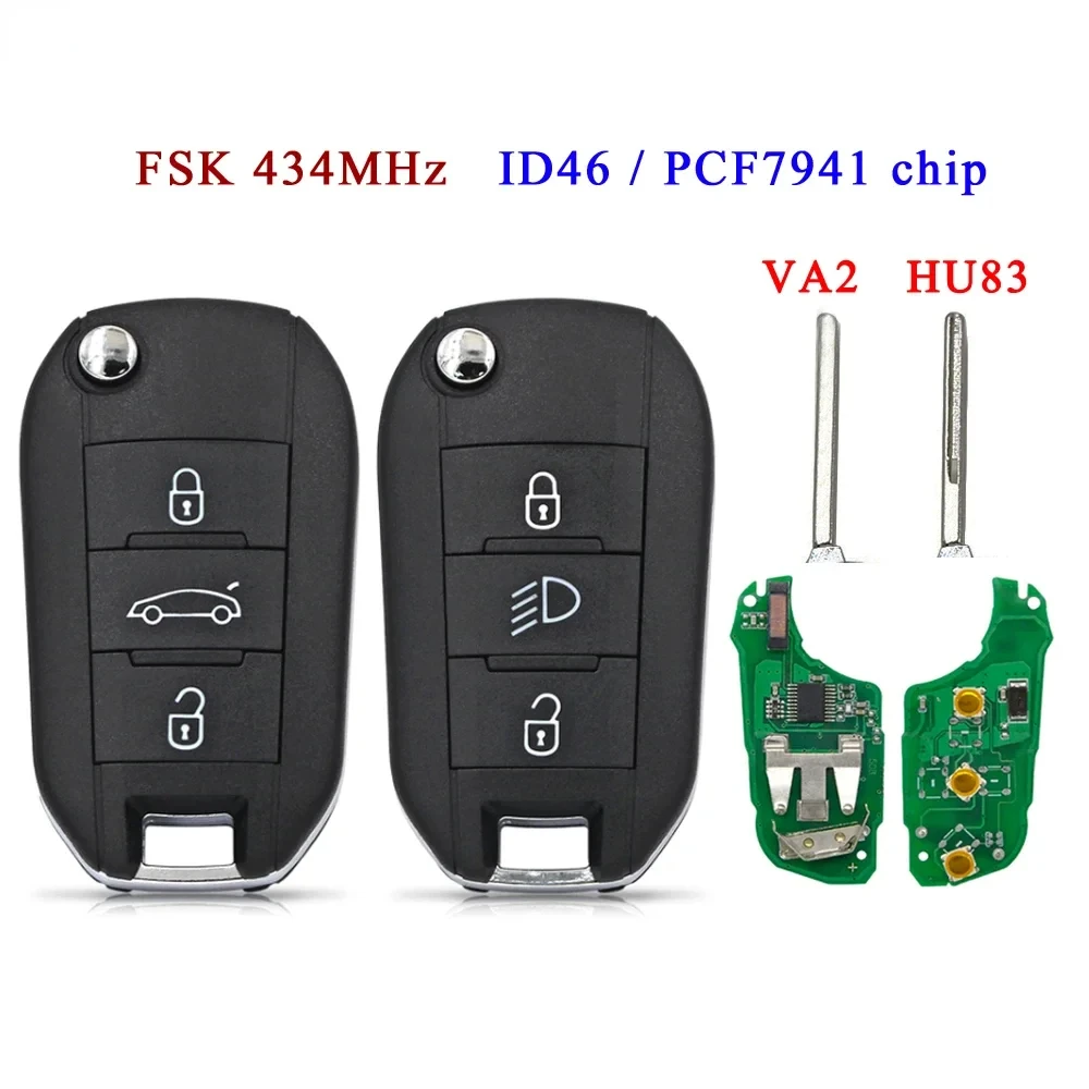 

3 Buttons Car Remote Key 434MHz ID46 PCF7941 Chip For Peugeot 208 2008 301 308 508 Citroen C-Elysee C4-Cactus HU83 / VA2 Blade