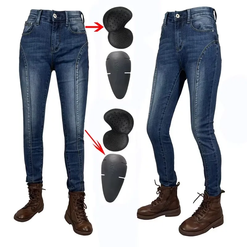 

Women Motorcycle Jeans Blue Moto Pants Protective Gear Motocross Riding Trousers Aramid Kevlar Safety