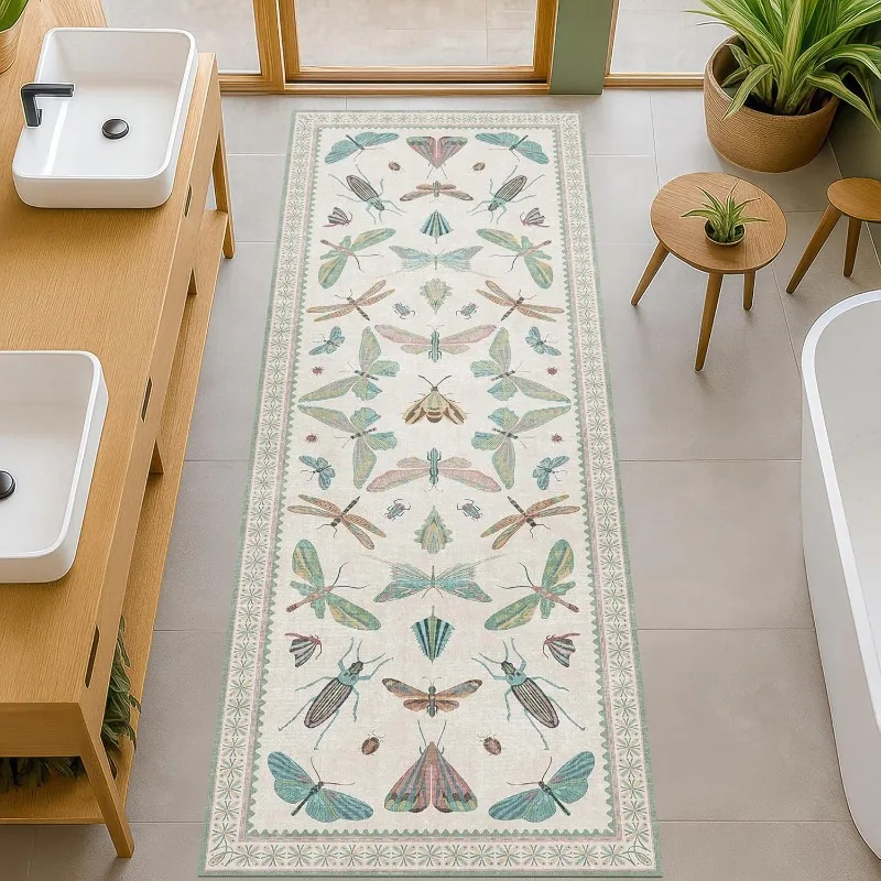 

Insect Butterfly Dragonfly Print Runner Rug Boho Nature Theme Carpet Absorbent Anti-Slip Mat for Hallway Living Room Bedroom