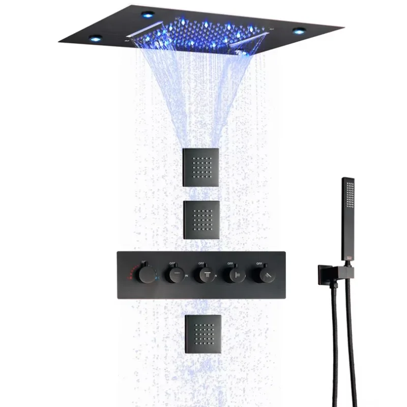 Robinet de douche à Diode électroluminescente, noir mat, ensemble de douche thermostatique à haut débit, plafond caché, pomme de douche à cascade de pluie lourde