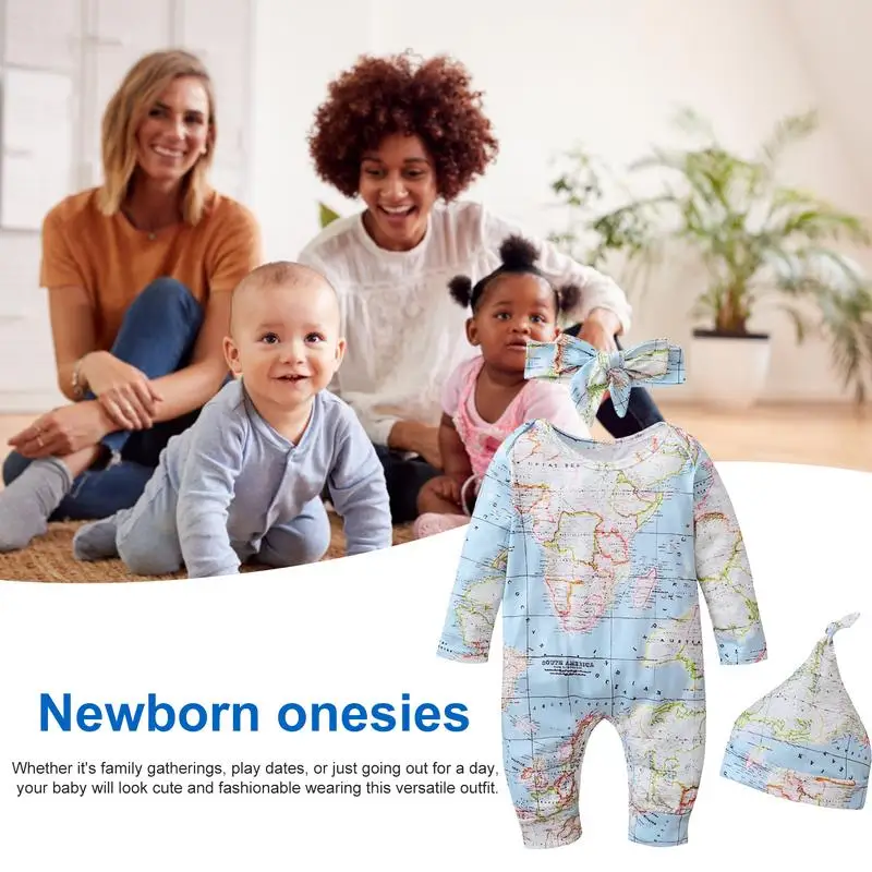 طقم بدلة جسم قطعة واحدة لحديثي الولادة ، ملابس للنساء ، طباعة خريطة العالم ، مريحة وعصرية ، ملابس ، حديثي الولادة