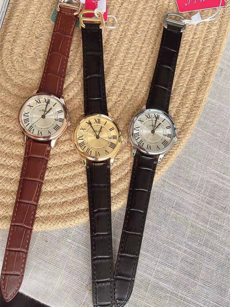Luxury Couple'S Watches Men'S And Women'S ModelsLarge Dial Simple And Elegant Design, High-End Feel Leather Strap Women'S Watch.