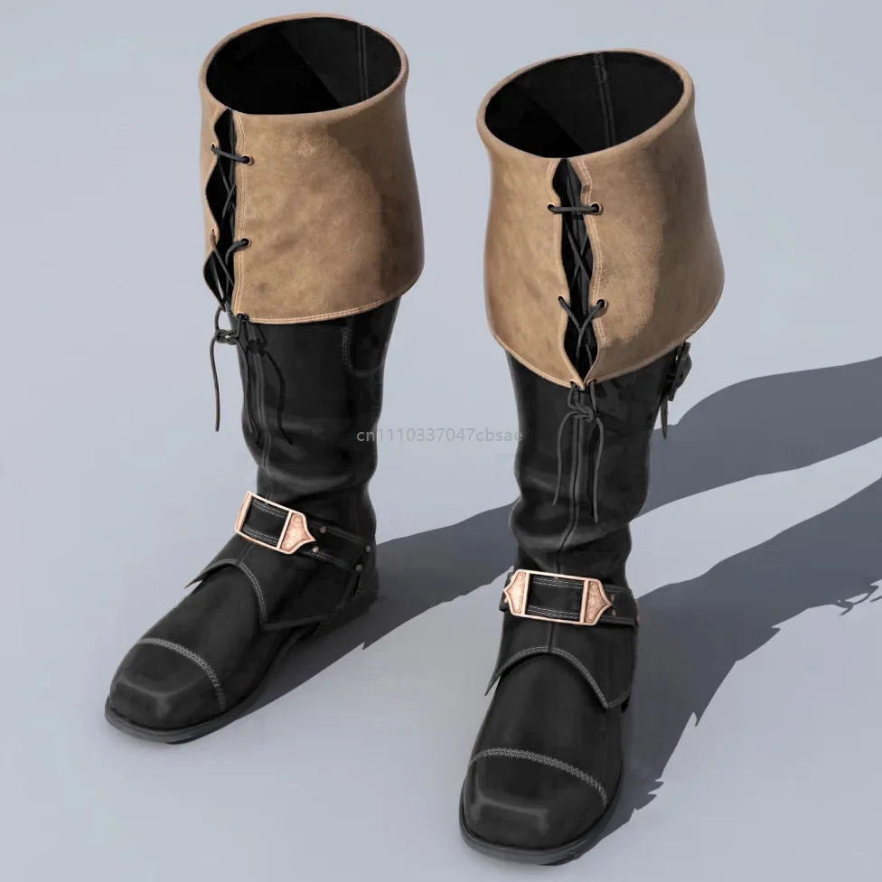 Quadratische Zehenspitze, Schnallenverschluss, lange Stiefel, hohe Schafthöhe, flacher Boden, Ritterstiefel, modischer niedriger Absatz, Retro-Farbblock-Design, Schnürschuhe – Detail 5