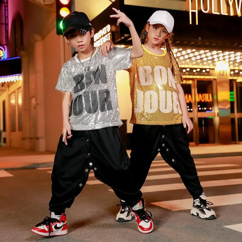 Conjunto de dança hip-hop com lantejoulas para crianças, roupa esportiva para dança de rua para meninos, fantasia de performance de palco para líderes de torcido
