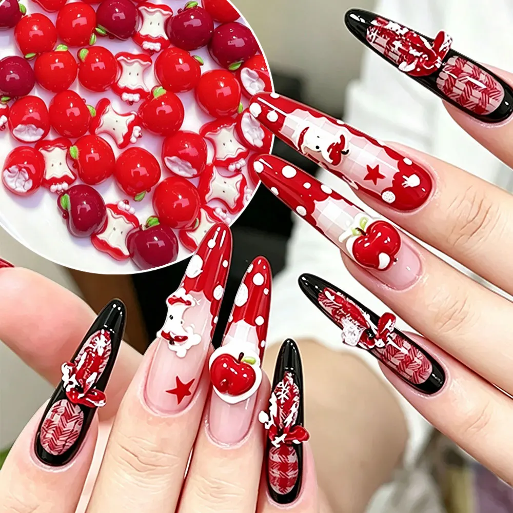 50PCS 3D Red Apple Resin Nail Art Charms Simulated Apple Pit Shape Nail Decorations Cute Fruit Apple DIY Manicure Accessories