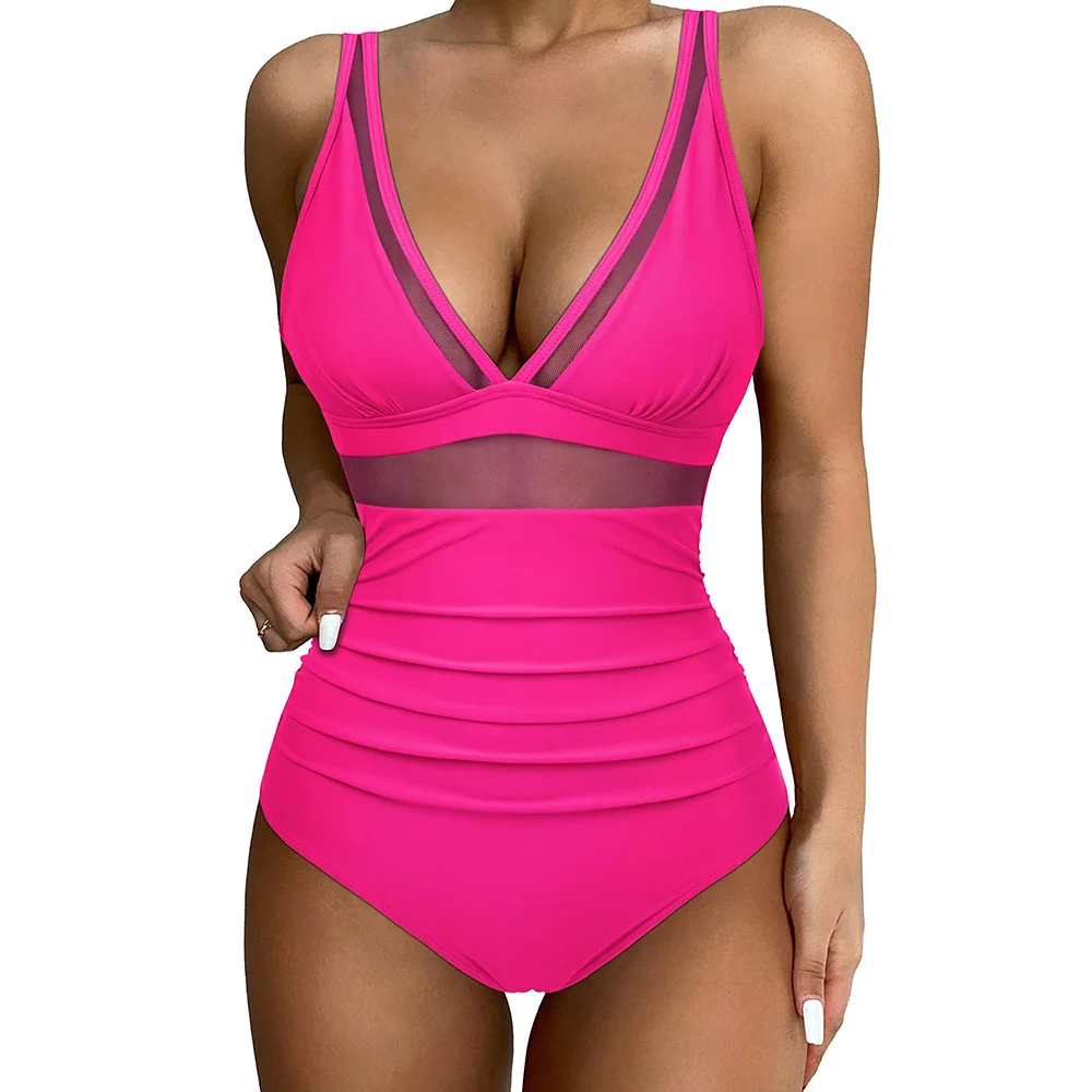 2024 Women Swimwear Sexy High Cut One Piece Swimsuit V Neck Mesh Tummy Control Red High Waisted Bathing Suit Female Monokini