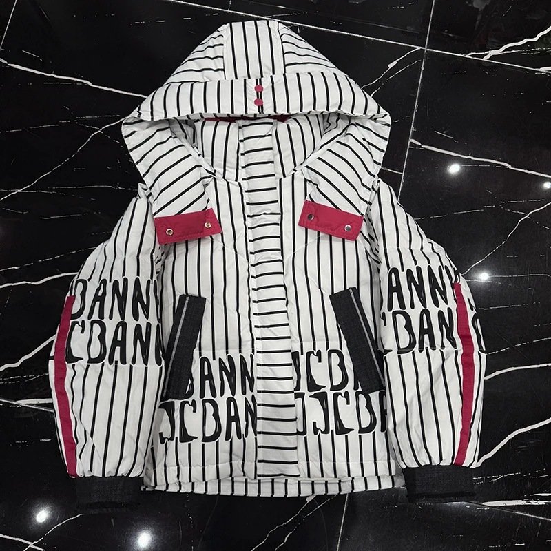 

Winter Hooded Print Stripe Letter Down Jacket Women White Duck Down Warm Thick Parker Outwears Female Short Zipper Loose Jackets