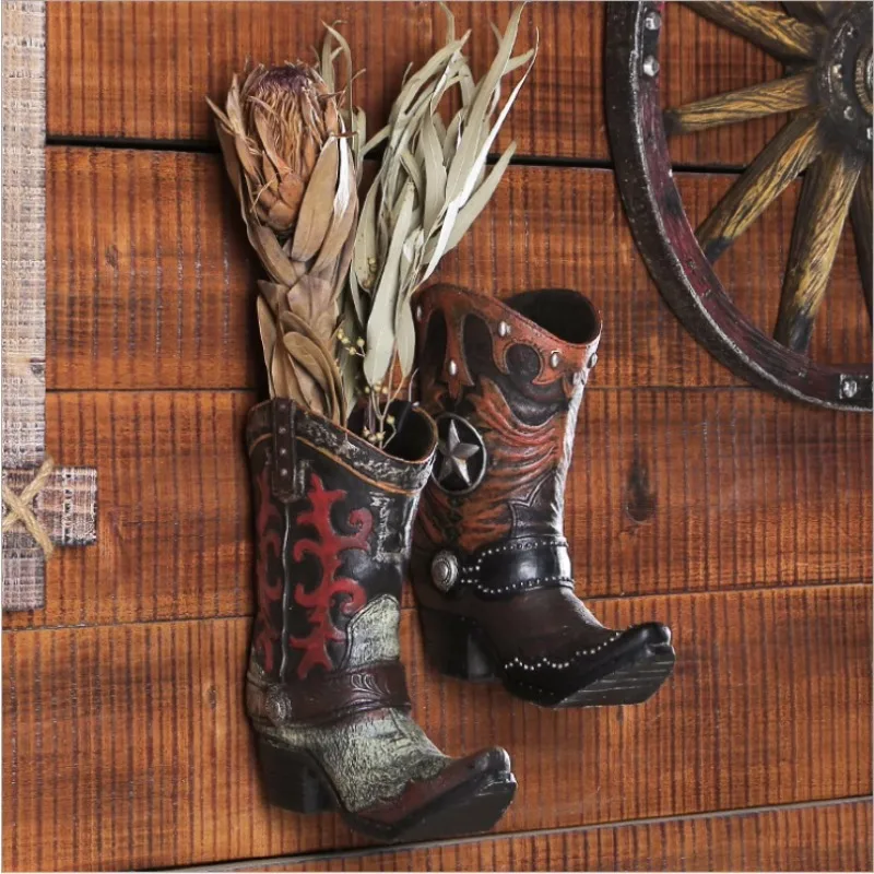 

American Western Cowboy Boots Retro Decorative Flower Vessels Bar Cafe Wall Craft Decoration Vase Vintage Homestay Home Ornament