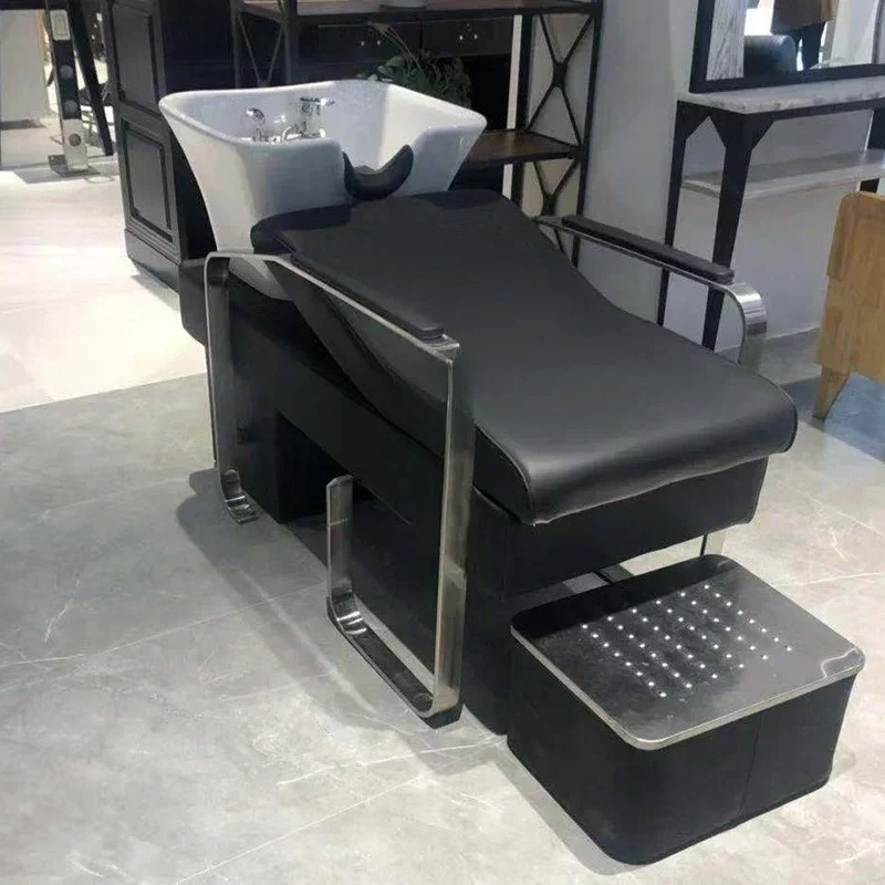 

New Arrivals Hair Salon Barber Shop Shampoo Chair Stainless Steel Half Lying Lying Completely Flushing Bed Ceramic Basin 03A