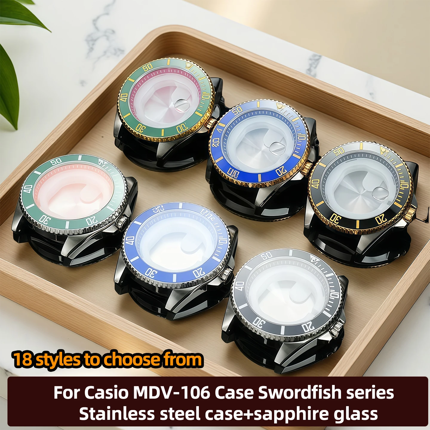 

For Casio MDV-106 Case Swordfish series Steel Watch Cases Shiny/Brushed Bezel Insert Crown Caseback Sapphire Glass