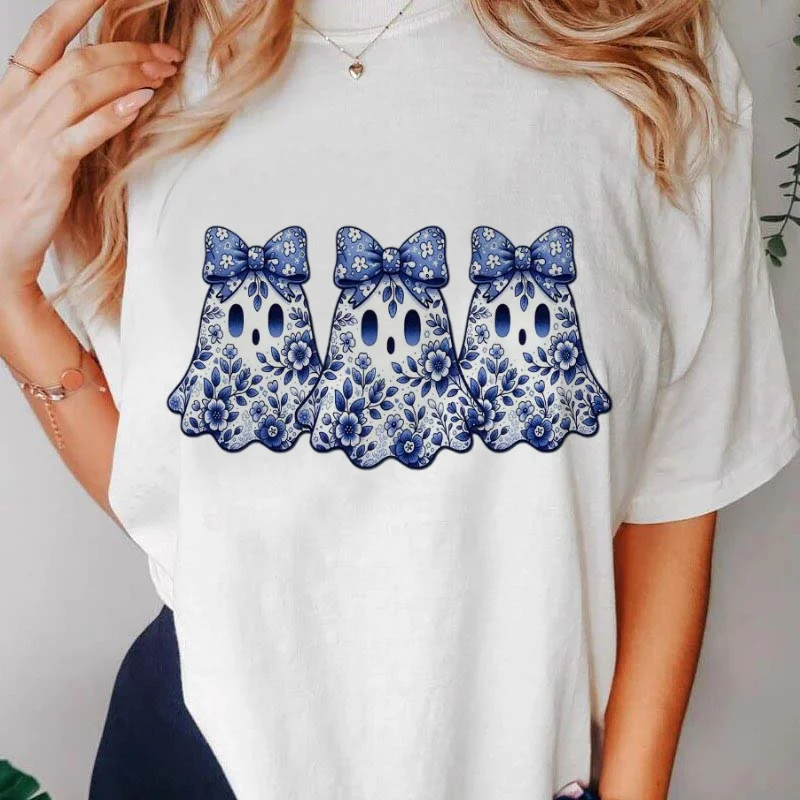 

Watercolor Sweet 90s Cute Casual Blue Bow Printed Pattern T-Shirt Women's Short Sleeve Top Fashion Printed Women's Basic T-Shirt