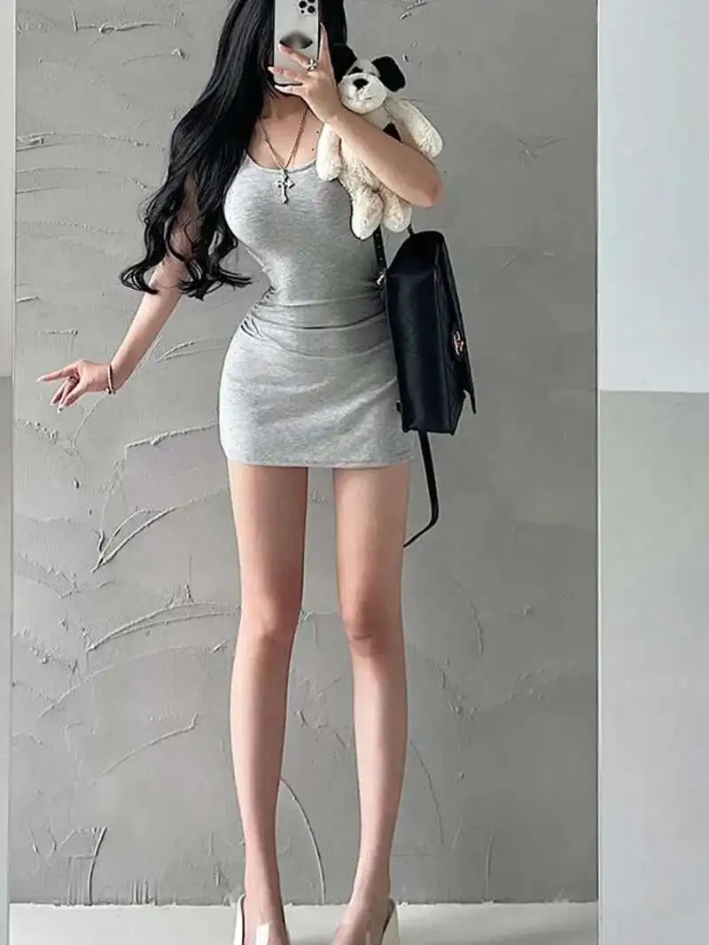 Pittig Pure Desire Meisje Sexy U-hals Slanke Gevouwen Taille Korte Mouw A-lijn Jurk Elegante Korte Mini T-shirt Jurk Mode X74K