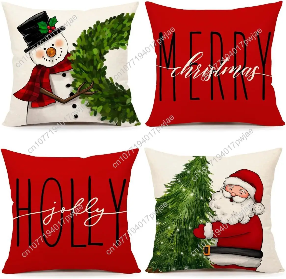 Red Christmas Pillow Covers 18x18 Set of 4 - Farmhouse Decorations With Snowman, Wreath, Santa Claus, Tree - Merry Christmas Hol