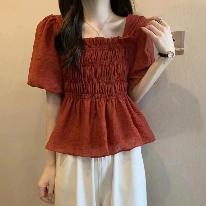 Camisa de gasa de manga corta para mujer, traje de verano 2025, nuevo diseño, Top corto liso, blusa ajustada elegante a la moda para mujer