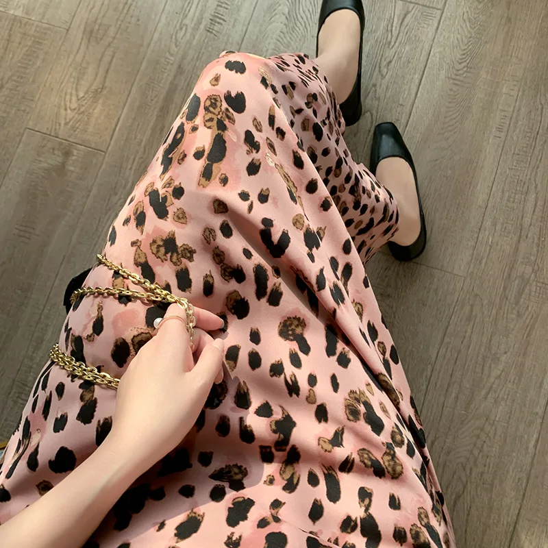 Pink Leopard Print Skirt Sweet Cool Cute Thin Mid-length A-line Skirt Spring/Summer Women Vintage Outerwear Clothing