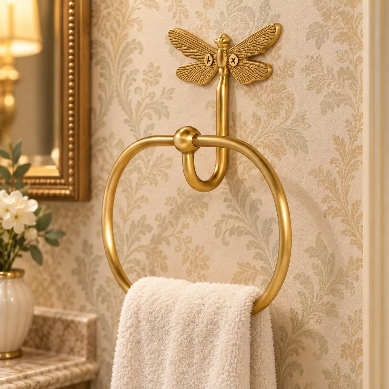Wall Mounted Towel Loop Brass Dragonfly Towel Loop Gold-Tone Metal for Powder Room