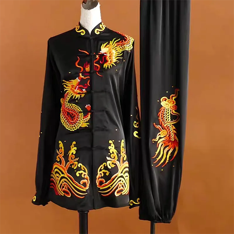 Light Yellow Embroidered Dragon Tai Chi Wushu Uniform Kung Fu Practice Suit Men Women Sword Routine Performance Costume Custom