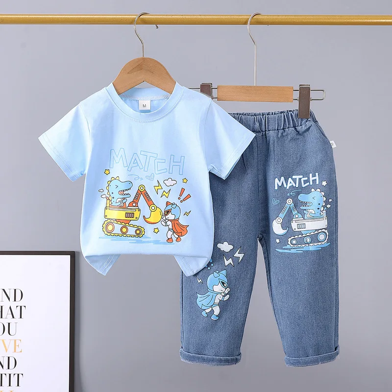 2025 New Children\'s Set boys Summer Cartoon Printed Short Sleeve+Cowboy Pants Infant Fashion Set 0-4 Years Old
