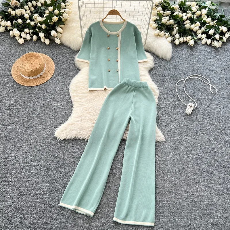 

French Knit T-Shirt+Elastic Waist Pants 2-Piece Set Summer Women Sets Retro Color blocked O-Neck Button Short Sleeve Pants Sets