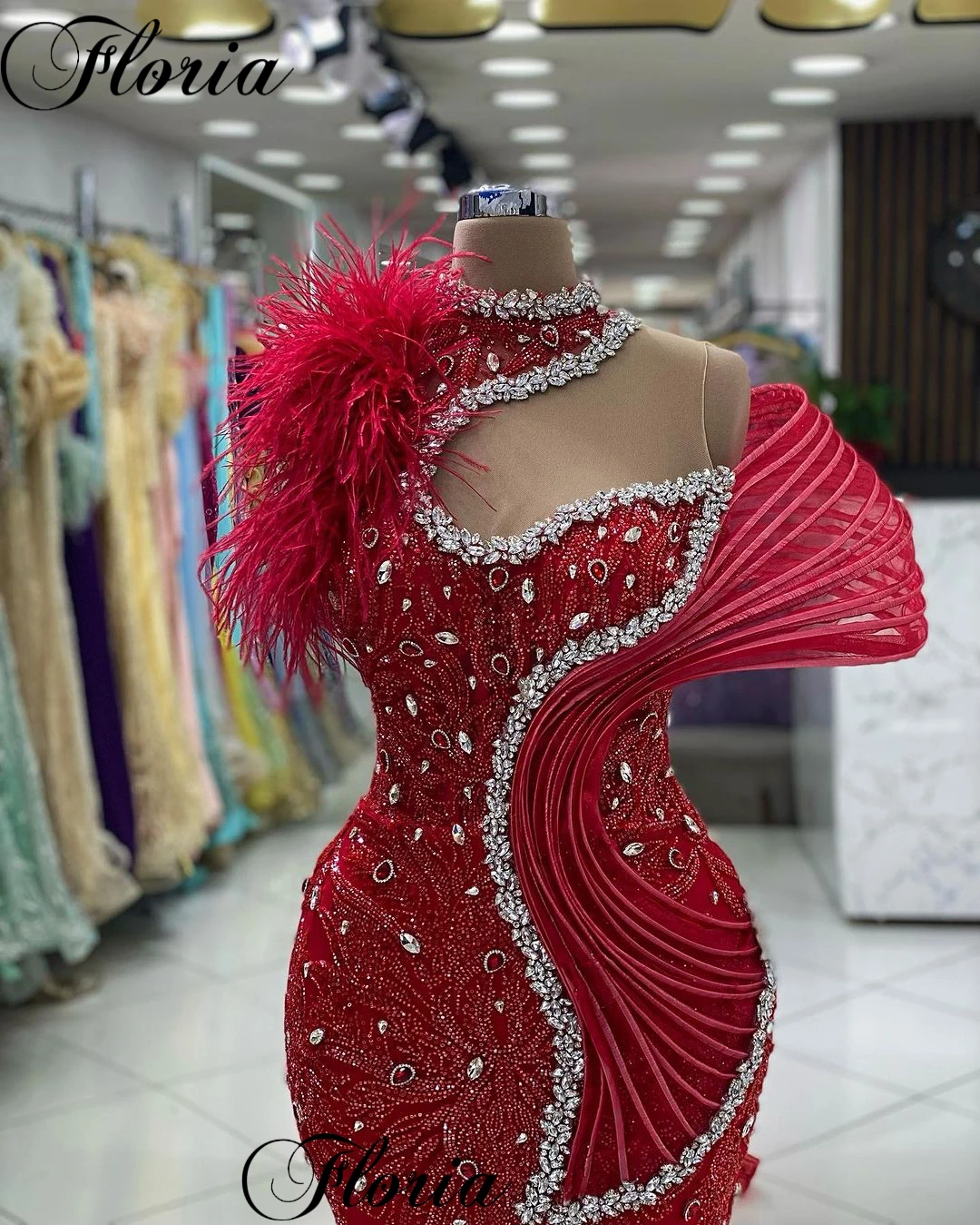 2024 New Special Red Celebrity Dresses Mermaid High Neck Crystals Prom Dresses For Women Vestidos De Noche Opening Ceremony Gown