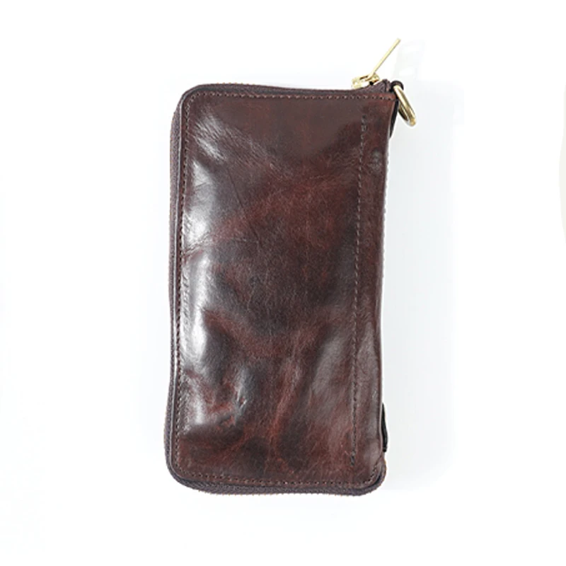 Original handmade plant tanned cow leather long purse copper chain pants men's zipper money clip vintage do old pleated clutch b